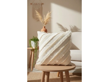 Özel Tasarım Çapraz Çift Püsküllü Tekli Keten Krem Kırlent Kılıfı