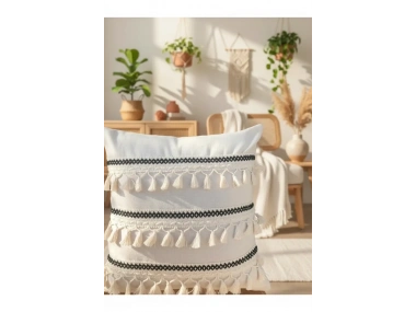 Özel Tasarım Siyah Şeritli Tekli Keten Krem Kırlent Kılıfı