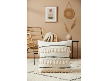 Özel Tasarım Siyah Şeritli Tekli Keten Krem Kırlent Kılıfı