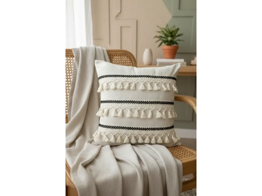 Özel Tasarım Siyah Şeritli Tekli Keten Krem Kırlent Kılıfı