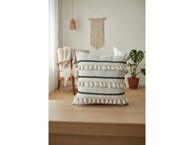 Özel Tasarım Siyah Şeritli Tekli Keten Krem Kırlent Kılıfı