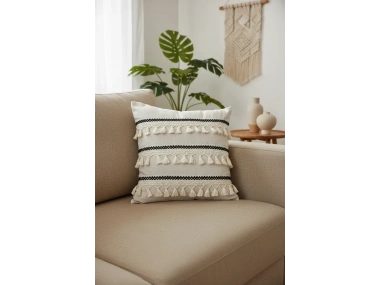 Özel Tasarım Siyah Şeritli Tekli Keten Krem Kırlent Kılıfı