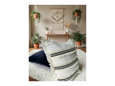 Özel Tasarım Siyah Püsküllü Tekli Keten Krem Kırlent Kırlent Kılıfı 43*43