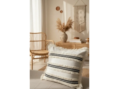 Özel Tasarım Siyah Püsküllü Tekli Keten Krem Kırlent Kırlent Kılıfı 43*43