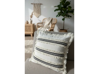 Özel Tasarım Siyah Püsküllü Tekli Keten Krem Kırlent Kırlent Kılıfı 43*43