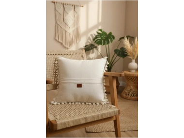 Özel Tasarım Siyah Püsküllü Tekli Keten Krem Kırlent Kırlent Kılıfı 43*43