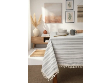 Keten Gri Antrasit Çizgili Ponponlu Masa Örtüsü