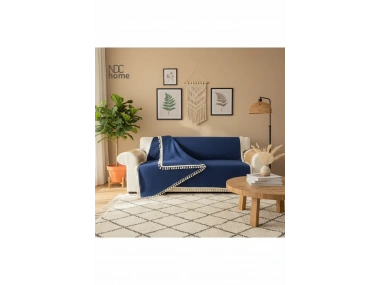 Premium Keten Lacivert Ponponlu Koltuk Örtüsü (170 x 220)