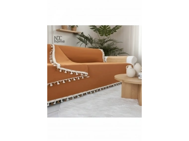 Premium Keten Tarçın [ TARÇIN] Ponponlu Koltuk Örtüsü (170 x 220