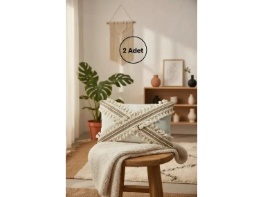 Ham Keten Krem Çapraz Kahve Dantelli Ponponlu 2 Adet Kırlent Kırlent Kılılfı (35 x 55)
