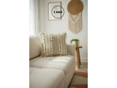 Bej Keten Kalın Dantel Ponponlu Kırlent 2 Adet Kırlent Kılıfı(43 X 43)
