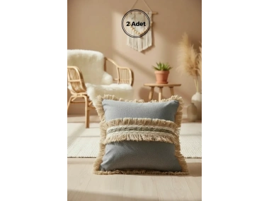 Gri Antrasit Jütlü Püskllü Kırlent 2 Adet Kırlent Kılıfı (43 x 43 )