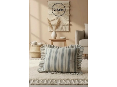 Premium Keten Gri Kalın Çizgili Fırfırlı Kırlent 2 Adet Kırlent Kılıfı (43 x 43 )