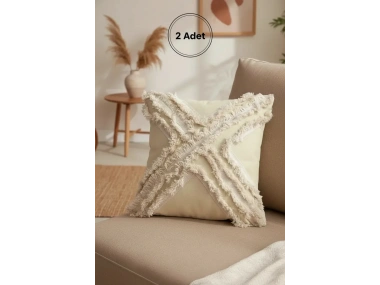 Sarı Renk Keten Çoklu Püsküllü Kırlent 2 Adet Kırlent Kılıfı