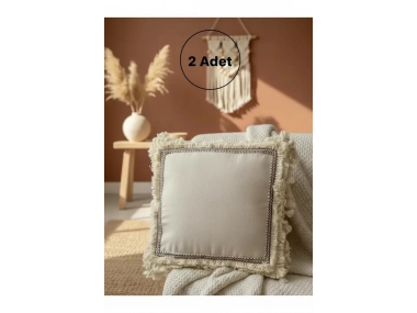 Dört Kenar Püsküllü Keten Krem Kırlent 2 Adet Kırlent Kılıfı43x43][