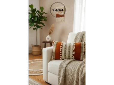 Kiremit Rengi Üçlü Kahve Dantelli Kırlent 2 Adet Kırlent Kılıfı