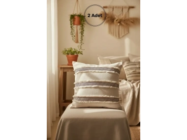 Mini Çift Püsküllü Keten Krem Kırlent 2 Adet Kırlent Kılıfı (43 x 43)