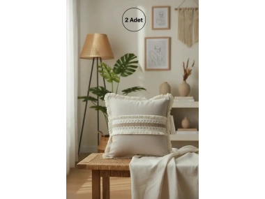 Keten Bej Kalın Dantel Kırlent 2 Adet Kırlent Kılıfı 43 X 43