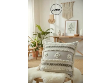 Kalın Dantel Püsküllü ve Motifli Keten Krem Kırlent 2 Adet Kırlent Kılıfı (43 x 43)