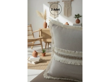 Bej Keten Jüt Dantelli Kırlent 2 Adet Kırlent Kılıfı (43 x 43)