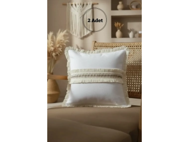 Beyaz Keten Jüt Dantelli Kırlent 2 Adet Kırlent Kılıfı (43 x 43)