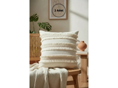 Özel Tasarım Jütlü Püsküllü Keten Krem Kırlent 2 Adet Kırlent Kılıfı ( 45 X 45)