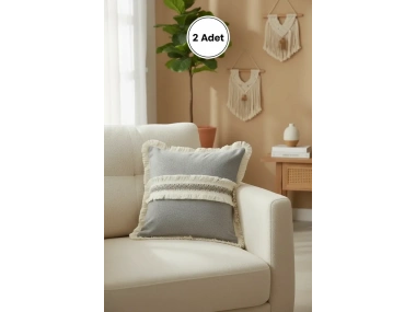 Antrasit Keten Jüt Dantelli Kırlent 2 Adet Kırlent Kılıfı (43 x 43)