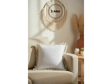 Keten Beyaz Ponponlu Kırlent 2 Adet Kırlent Kılıfı (43 x 43)