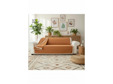 Premium Keten Tarçın [ TARÇIN] Ponponlu Koltuk Örtüsü (170 x 220