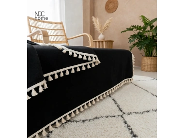 Premium Keten Siyah Ham Ponponlu Koltuk Örtüsü (170 X 220)