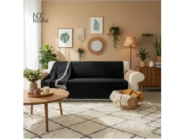 Premium Keten Siyah Ham Ponponlu Koltuk Örtüsü (170 X 220)