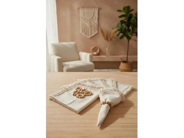 Organik Ham Keten Ham Ponponlu 6lı Ahsap Toka Hediyeli 40 X 40 Peçete Takımı