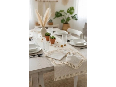 Organik Ham Keten Ham Ponponlu 6lı Ahsap Toka Hediyeli 40 X 40 Peçete Takımı