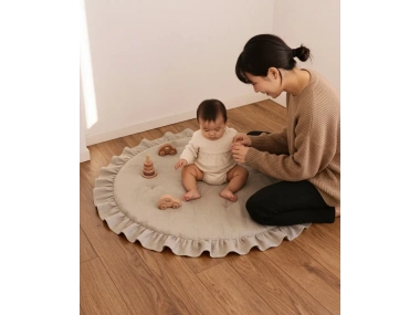 Keten Oyun Halısı, Yuvarlak Oyun Matı, Fırfırlı Oyun Minderi-Bej