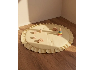 Keten Oyun Halısı, Yuvarlak Oyun Matı, Fırfırlı Oyun Minderi-Sarı