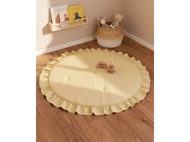 Keten Oyun Halısı, Yuvarlak Oyun Matı, Fırfırlı Oyun Minderi-Sarı