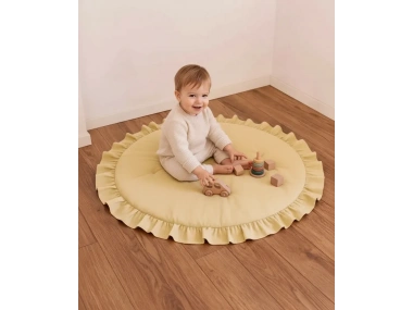 Keten Oyun Halısı, Yuvarlak Oyun Matı, Fırfırlı Oyun Minderi-Sarı