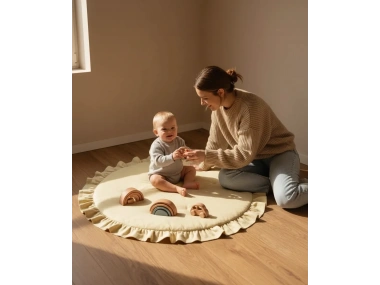 Keten Oyun Halısı, Yuvarlak Oyun Matı, Fırfırlı Oyun Minderi-Sarı