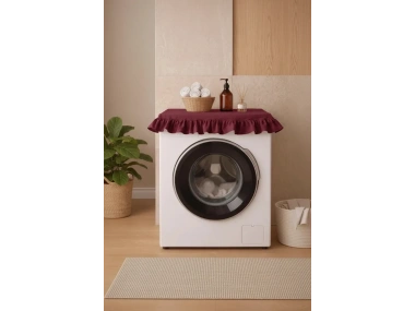 Fırfırlı Çamaşır Makinesi Örtüsü - Çeyizlik Dekoratif Banyo Makine Kılıfı- Bordo