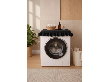 Fırfırlı Çamaşır Makinesi Örtüsü - Çeyizlik Dekoratif Banyo Makine Kılıfı- Siyah