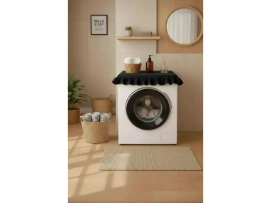 Fırfırlı Çamaşır Makinesi Örtüsü - Çeyizlik Dekoratif Banyo Makine Kılıfı- Siyah
