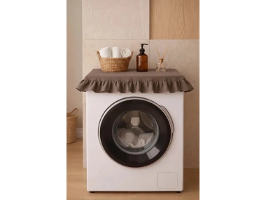 Fırfırlı Çamaşır Makinesi Örtüsü - Çeyizlik Dekoratif Banyo Makine Kılıfı- Kahverengi