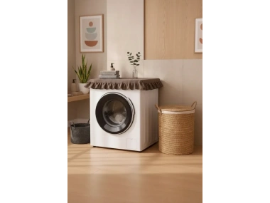 Fırfırlı Çamaşır Makinesi Örtüsü - Çeyizlik Dekoratif Banyo Makine Kılıfı- Kahverengi
