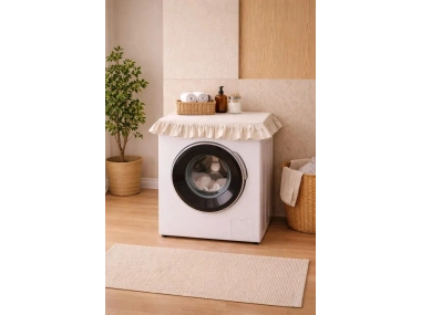 Fırfırlı Çamaşır Makinesi Örtüsü - Çeyizlik Dekoratif Banyo Makine Kılıfı- Krem