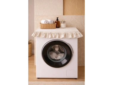 Fırfırlı Çamaşır Makinesi Örtüsü - Çeyizlik Dekoratif Banyo Makine Kılıfı- Krem