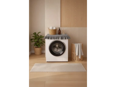 Fırfırlı Çamaşır Makinesi Örtüsü - Çeyizlik Dekoratif Banyo Makine Kılıfı- Füme