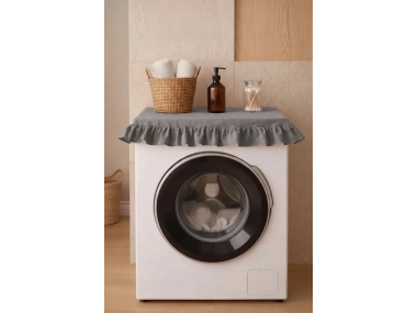Fırfırlı Çamaşır Makinesi Örtüsü - Çeyizlik Dekoratif Banyo Makine Kılıfı- Füme