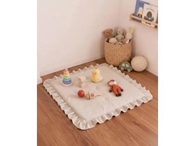 Keten Oyun Halısı, Kare Oyun Matı, Fırfırlı Oyun Minderi-Krem