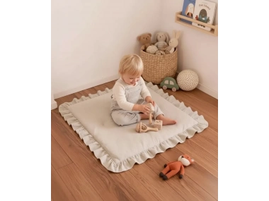 Keten Oyun Halısı, Kare Oyun Matı, Fırfırlı Oyun Minderi-Krem