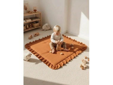 Keten Oyun Halısı, Kare Oyun Matı, Fırfırlı Oyun Minderi-Tarçın